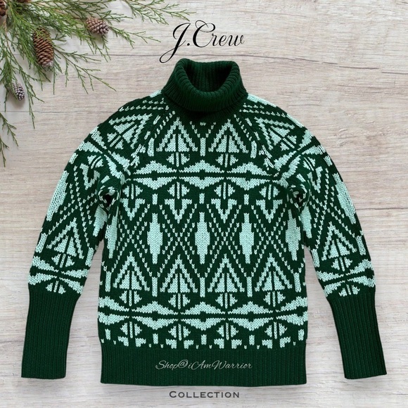 J.Crew Collection pine/aqua multiply 100% cashmere fairisle turtleneck sweater - Picture 10 of 15